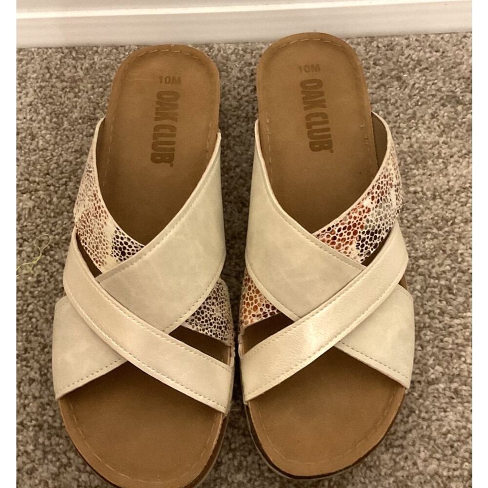 Oak Club Melody Women's Slide Sandals Size 10 Cream Cross Strap Low Wedge